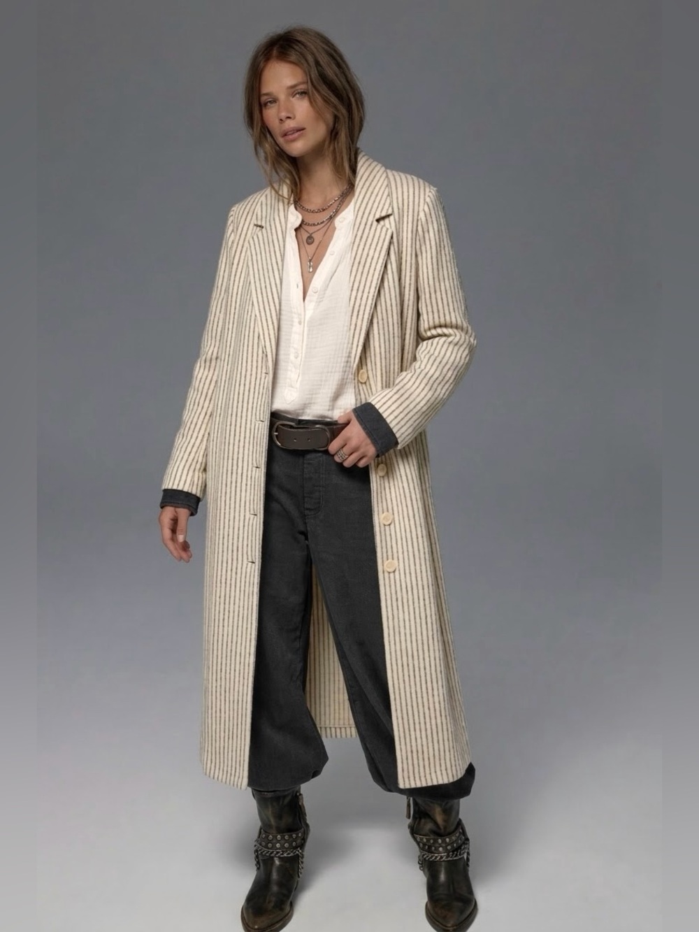 Vintage 90s Weekenders Cream Blue Pinstripe Long Duster Jacket Made USA Small